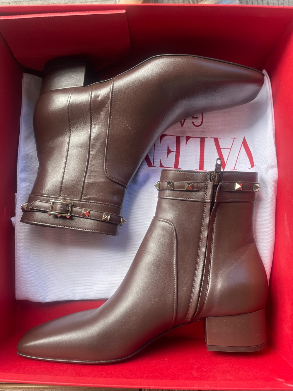 NIB VALENTINO GARAVANI Brown Ankle Rockstud 40 Boots Sz 9 39.5
